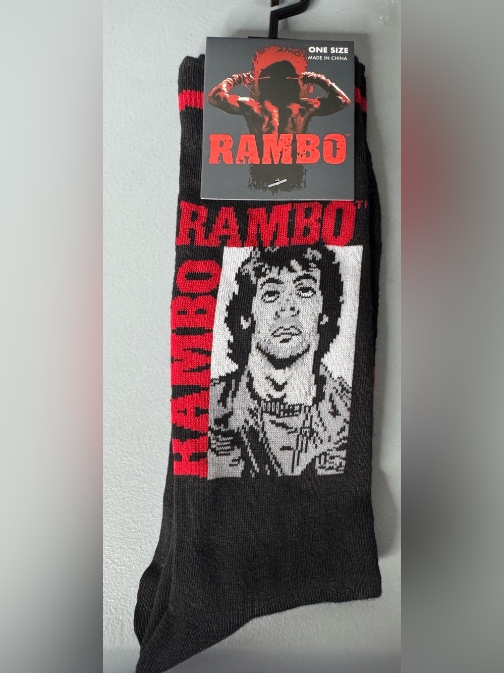 Rambo movie themed Sylvester Stallone Black & Red Graphic Crew Socks One Size